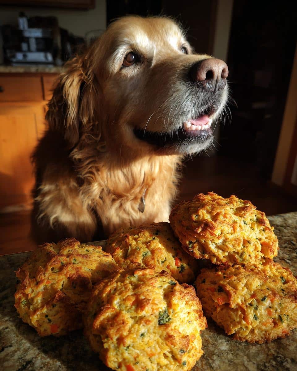 Golden retriever dog looking at a pile of Broccoli Cheddar Biscuits – Recipe for Dogs.