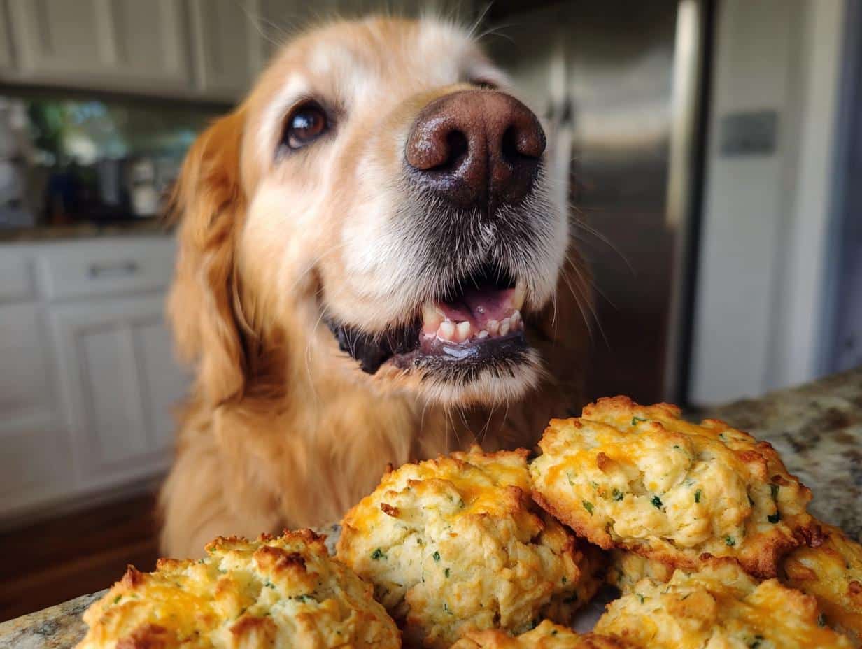 Golden Retriever looking at a pile of Broccoli Cheddar Biscuits – Recipe for Dogs.