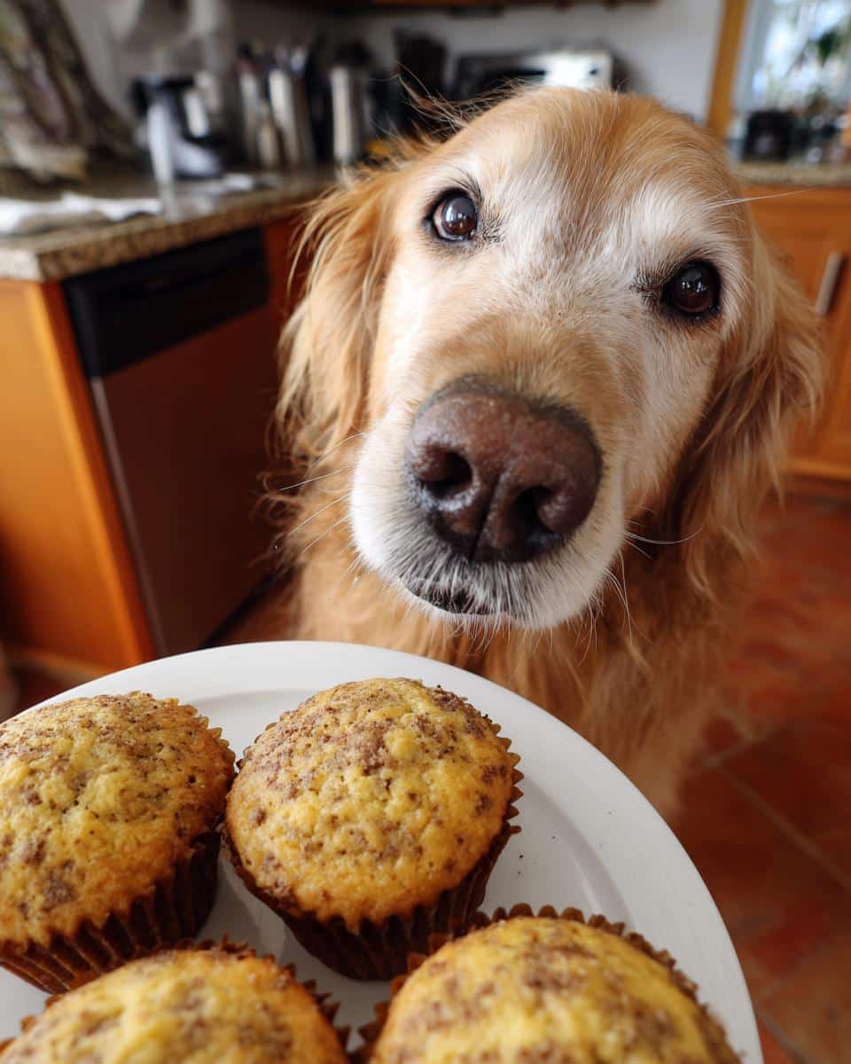 Golden retriever looking longingly at a plate of Carob Banana Muffins – Recipe for Dogs.