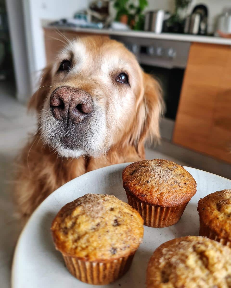 Golden retriever looking longingly at a plate of Carob Banana Muffins – Recipe for Dogs.