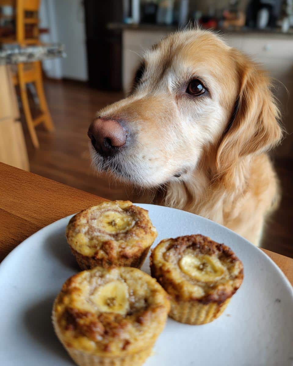 Golden retriever looking longingly at a plate of homemade Carob Banana Muffins – Recipe for Dogs.