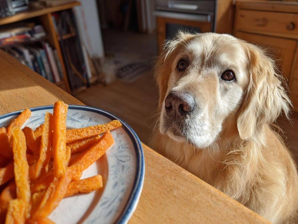 Golden retriever looking longingly at a plate of Carrot & Parsley Bites. Recipe for Dogs.