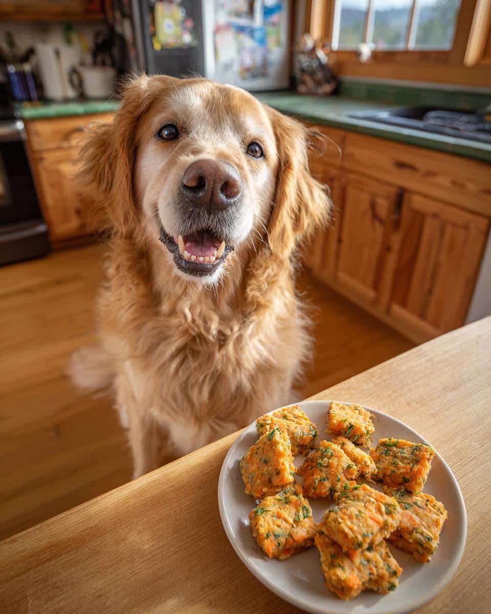Golden Retriever eagerly awaits a plate of Carrot & Parsley Bites. Homemade dog treat recipe.
