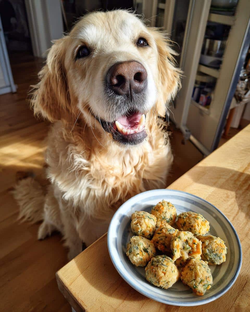 Golden Retriever looking eagerly at a plate of homemade Carrot & Parsley Bites.