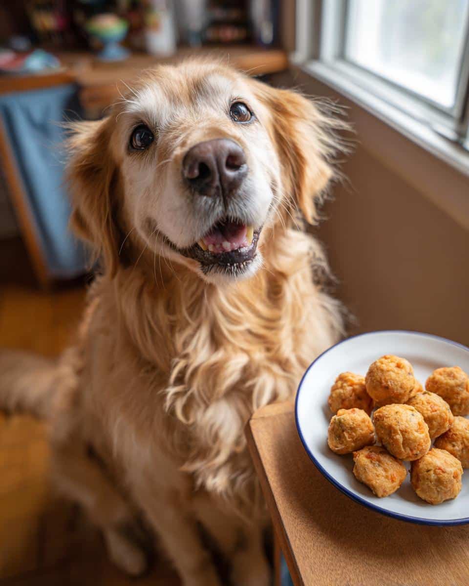 Golden Retriever looking eagerly at a plate of Carrot & Parsley Bites. Recipe for Dogs.