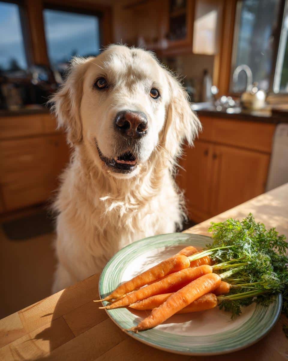 Golden retriever looking at a plate of fresh carrots and parsley for Carrot & Parsley Bites recipe for dogs.