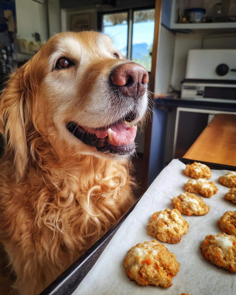 Golden Retriever looking longingly at a tray of Carrot Peanut Butter Biscuits for dogs.