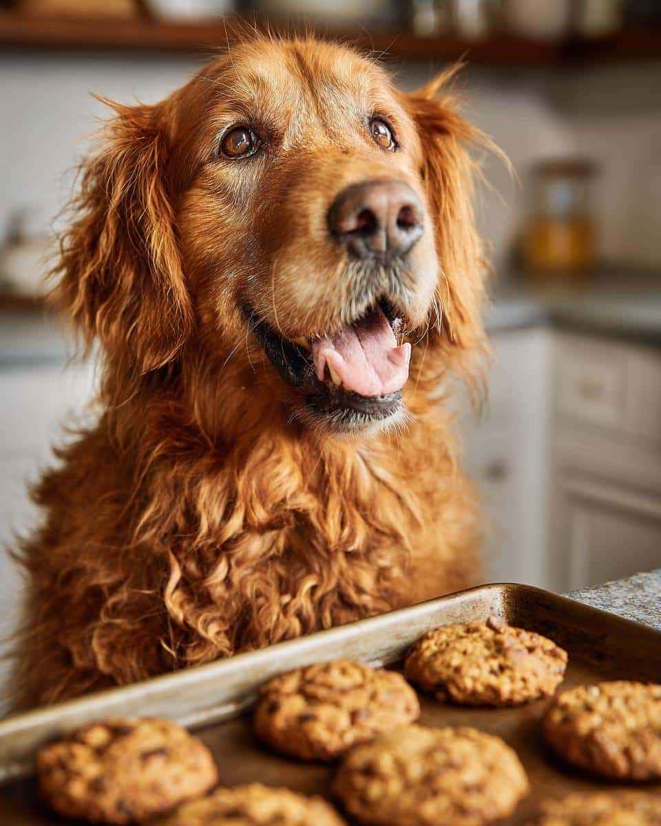 Golden Retriever looking longingly at a tray of Carrot Peanut Butter Biscuits. Recipe for dogs.