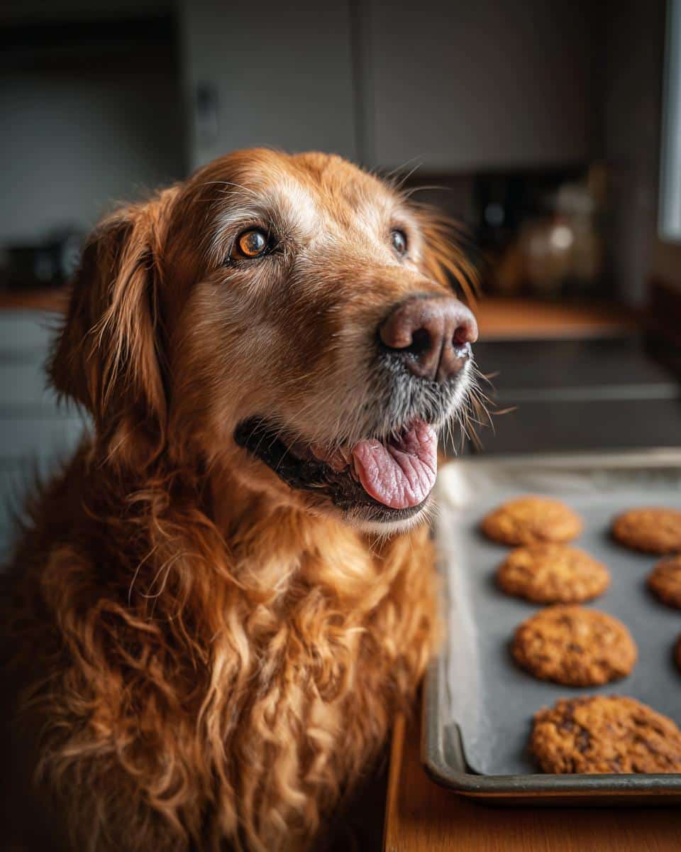 Golden Retriever dog looking longingly at a tray of Carrot Peanut Butter Biscuits.