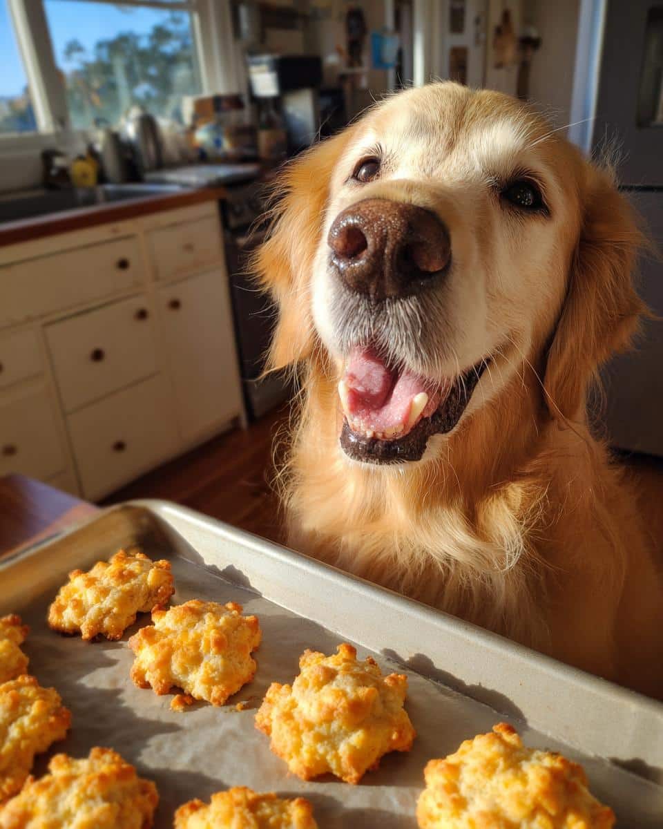 Golden Retriever dog eagerly awaiting Carrot Peanut Butter Biscuits on a baking sheet.