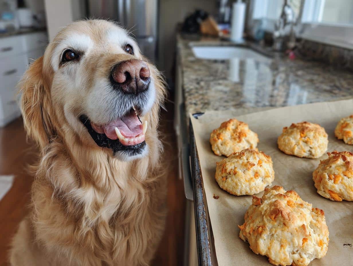 Golden Retriever eagerly awaits Carrot Peanut Butter Biscuits on baking sheet. Homemade dog treat recipe.