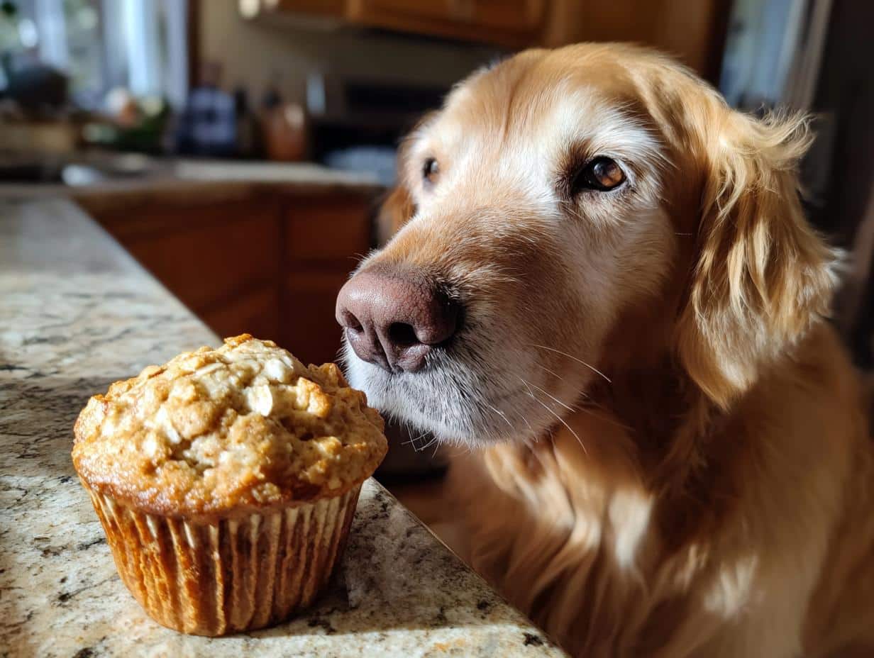 Golden Retriever dog looking at a Carrot & Zucchini Fritters treat. Homemade dog food recipe.