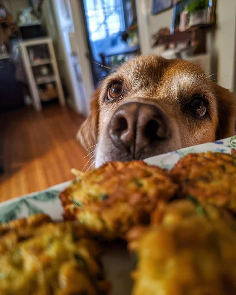 A dog looks longingly at a plate of Carrot & Zucchini Fritters, dog treat recipe.