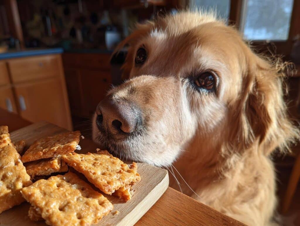 Golden Retriever dog longingly looking at a pile of homemade Cheese & Carrot Crackers.