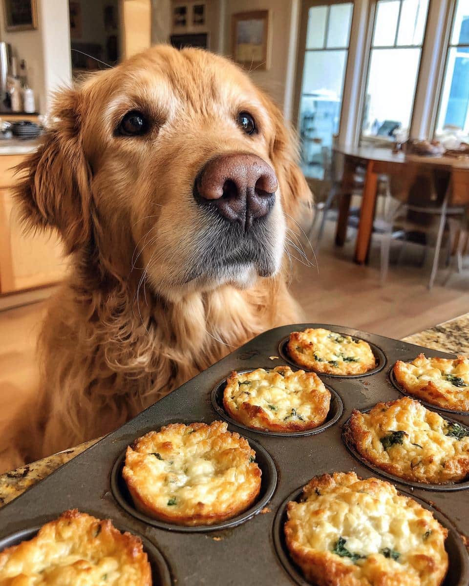 Golden retriever looking longingly at a pan of freshly baked Cheese & Spinach Egg Bites – Recipe for Dogs.