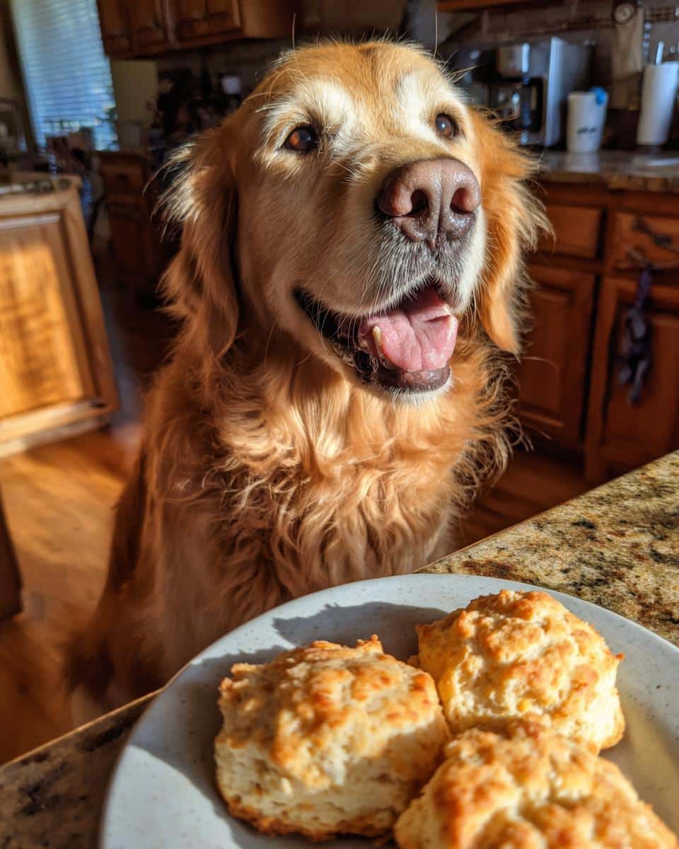 Golden retriever dog eagerly awaits a plate of Cheese & Turkey Biscuits. Happy dog, homemade dog treats.