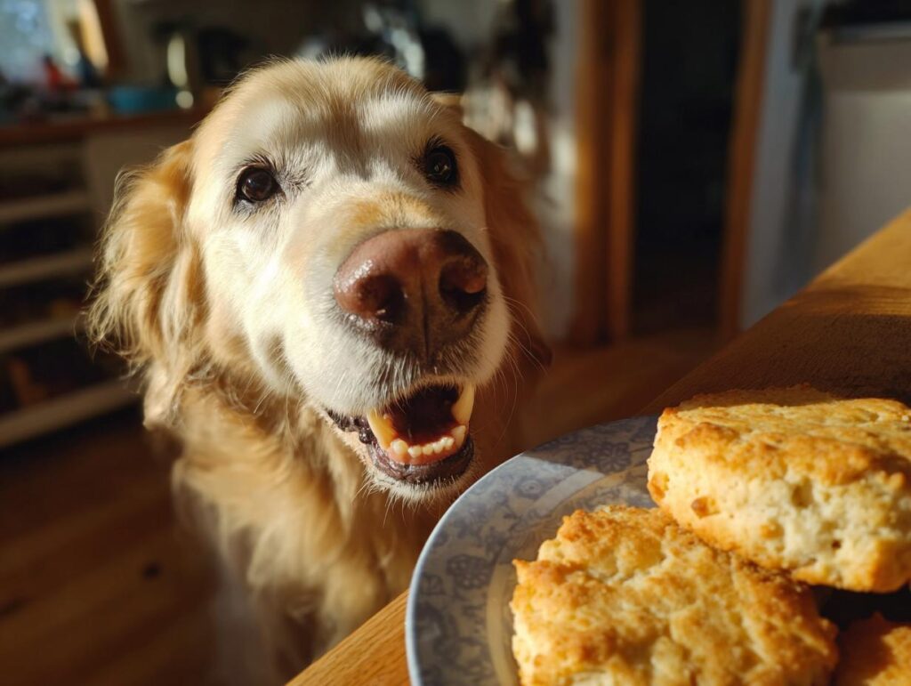 Golden Retriever looking at a plate of Cheese & Turkey Biscuits – Recipe for Dogs.