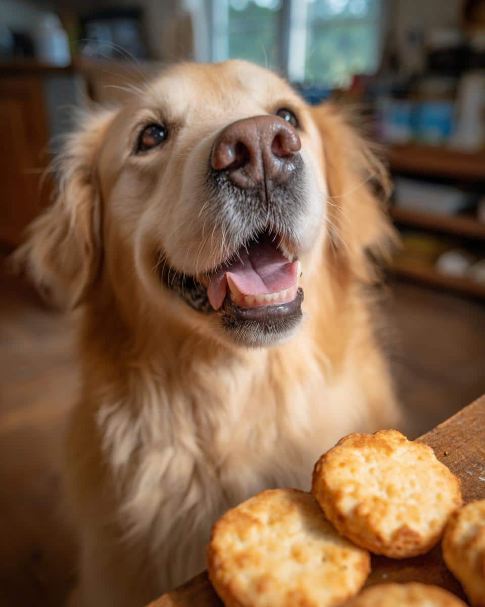 Golden Retriever looking eagerly at Cheese & Turkey Biscuits. Recipe for Dogs.