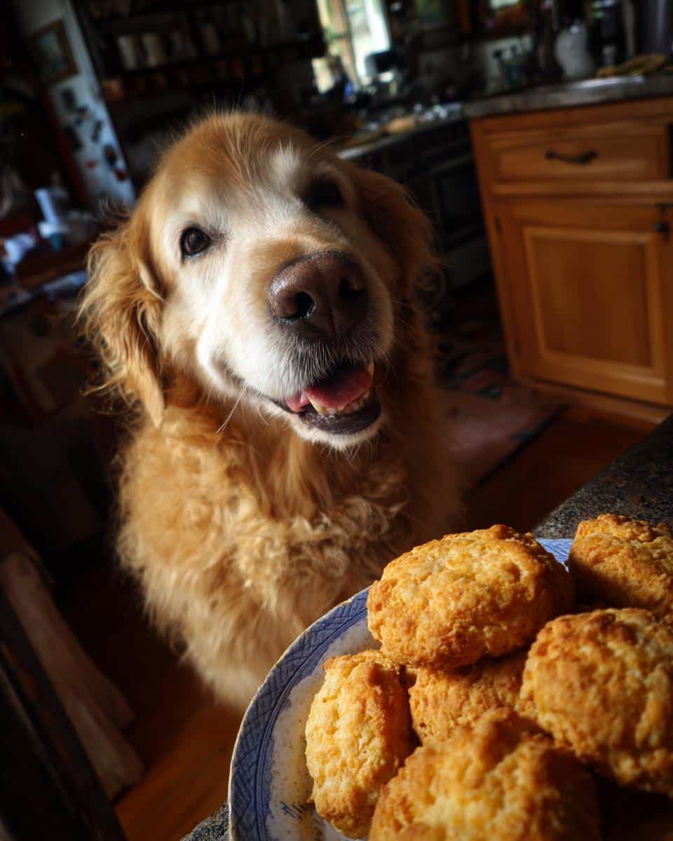 Golden retriever looking eagerly at a plate of Cheese & Turkey Biscuits – Recipe for Dogs.