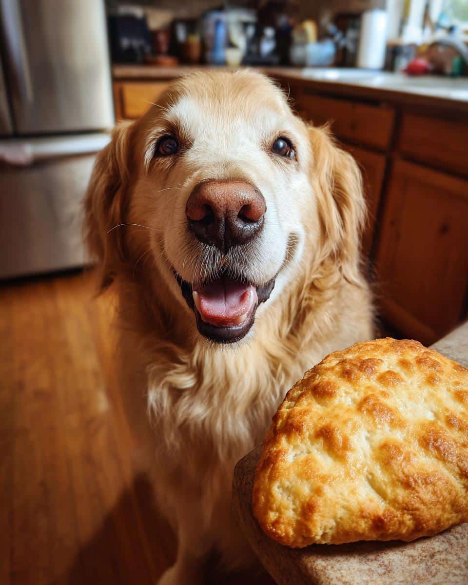 Golden Retriever looking happily at a Cheese & Turkey Biscuit. Recipe for Dogs.