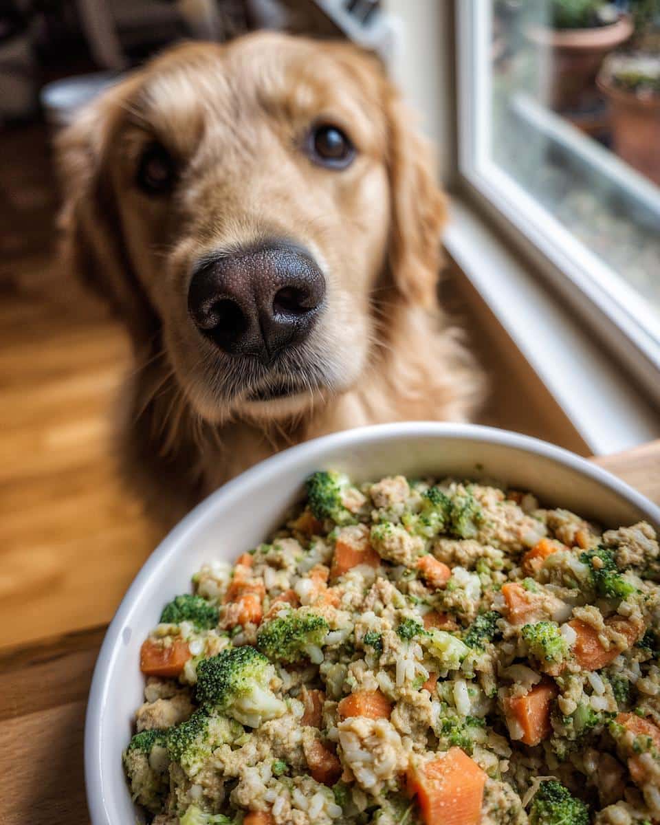 Golden Retriever looking at a bowl of Chicken & Broccoli Healthy Dog Food. Focus on the dog food.