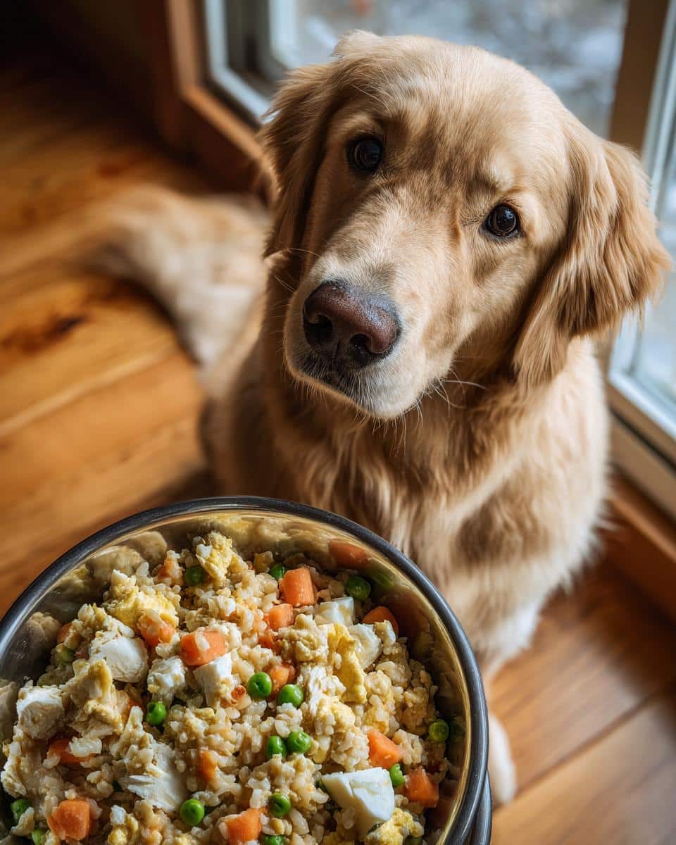 Golden Retriever dog looking at a bowl of Chicken & Egg Power Meal. Nutritious food for large dogs.