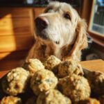 A golden dog looks longingly at a tray of Chicken & Kale Meatballs. Recipe for Dogs.