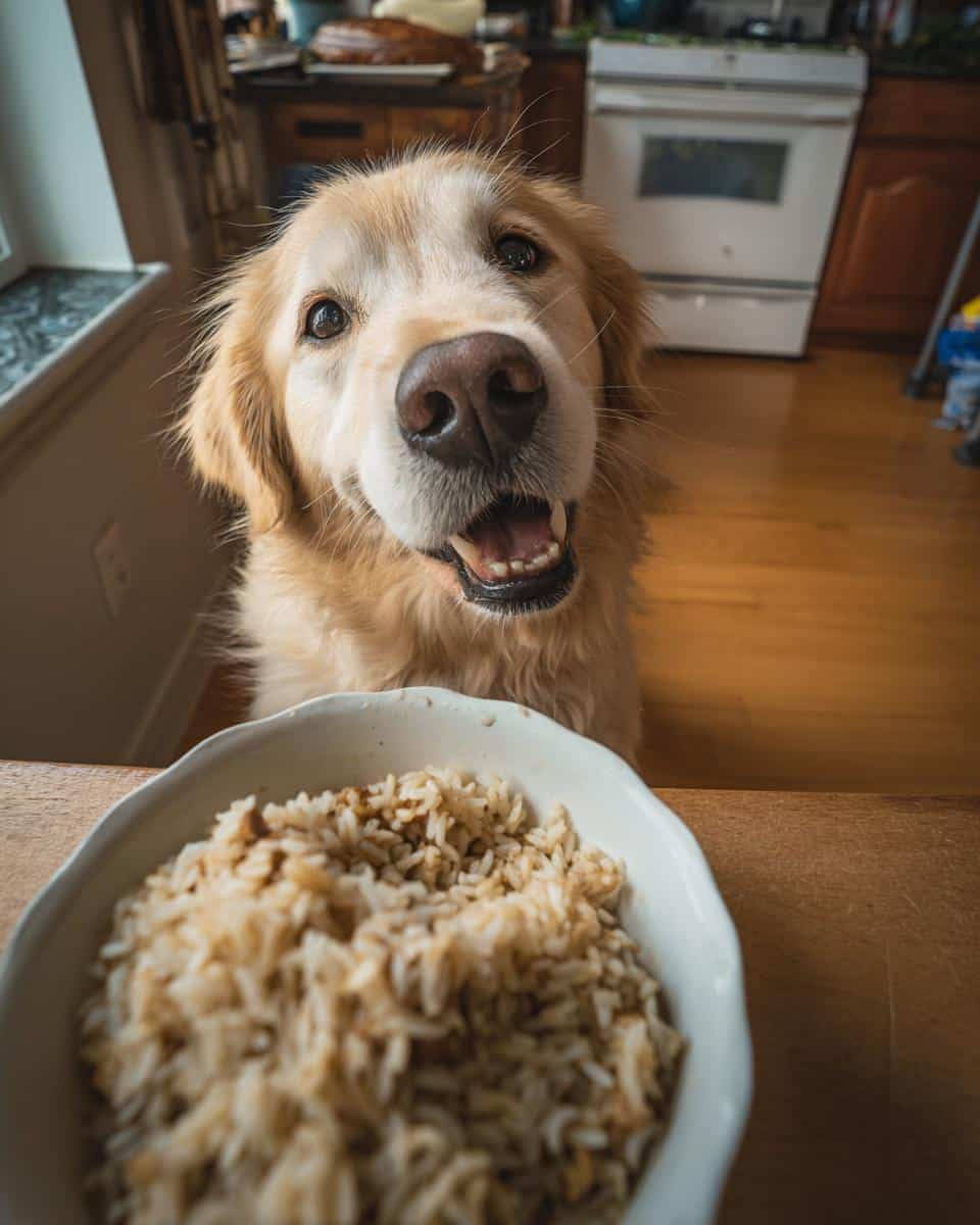 Golden Retriever eagerly awaits a bowl of Chicken Liver & Brown Rice Healthy Dog Food.