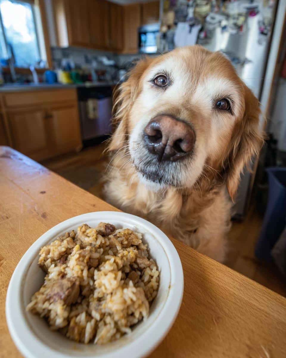 Golden retriever looking at a bowl of Chicken Liver & Brown Rice Healthy Dog Food on a wooden table.