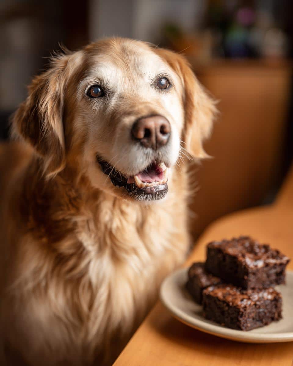 Golden Retriever looking at a plate of Chicken Liver Brownies. Recipe for Dogs.
