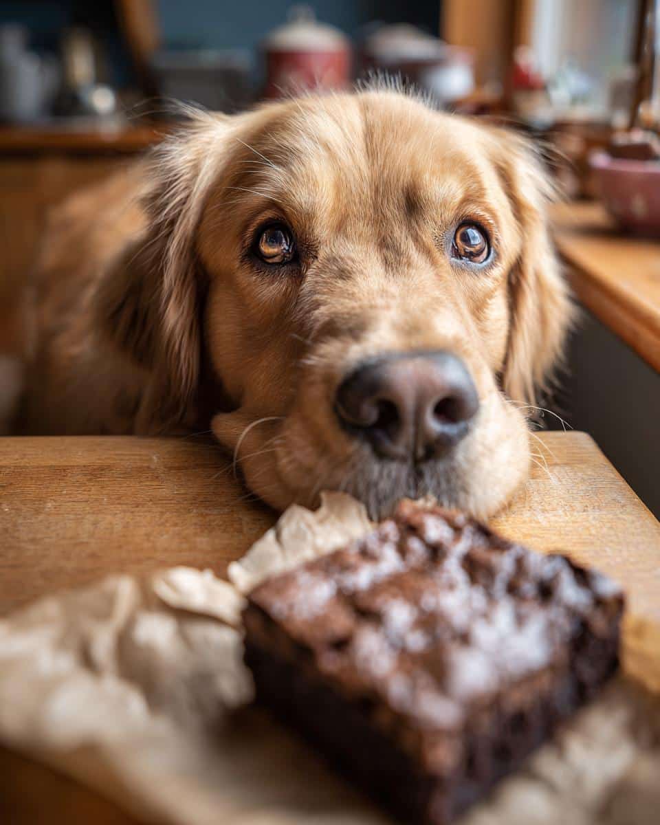 Golden Retriever dog longingly eyeing a Chicken Liver Brownie on a table.
