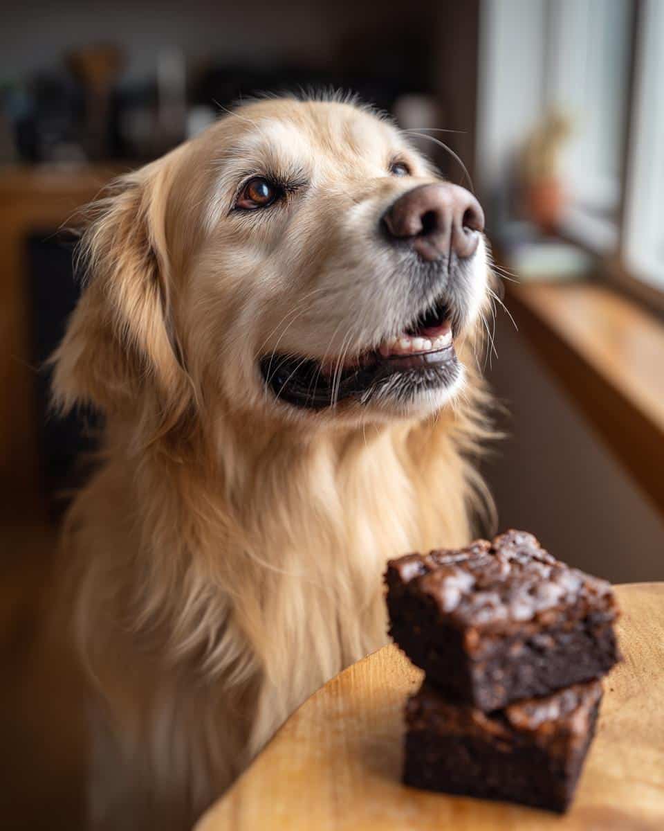 Golden retriever looking longingly at a stack of Chicken Liver Brownies. Recipe for Dogs.