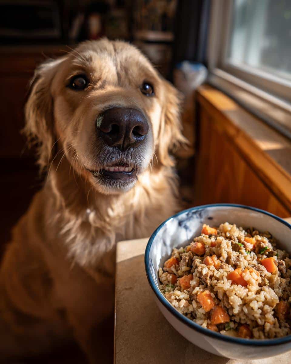 Golden retriever looking eagerly at a bowl of Chicken Liver & Carrot Dog Food.