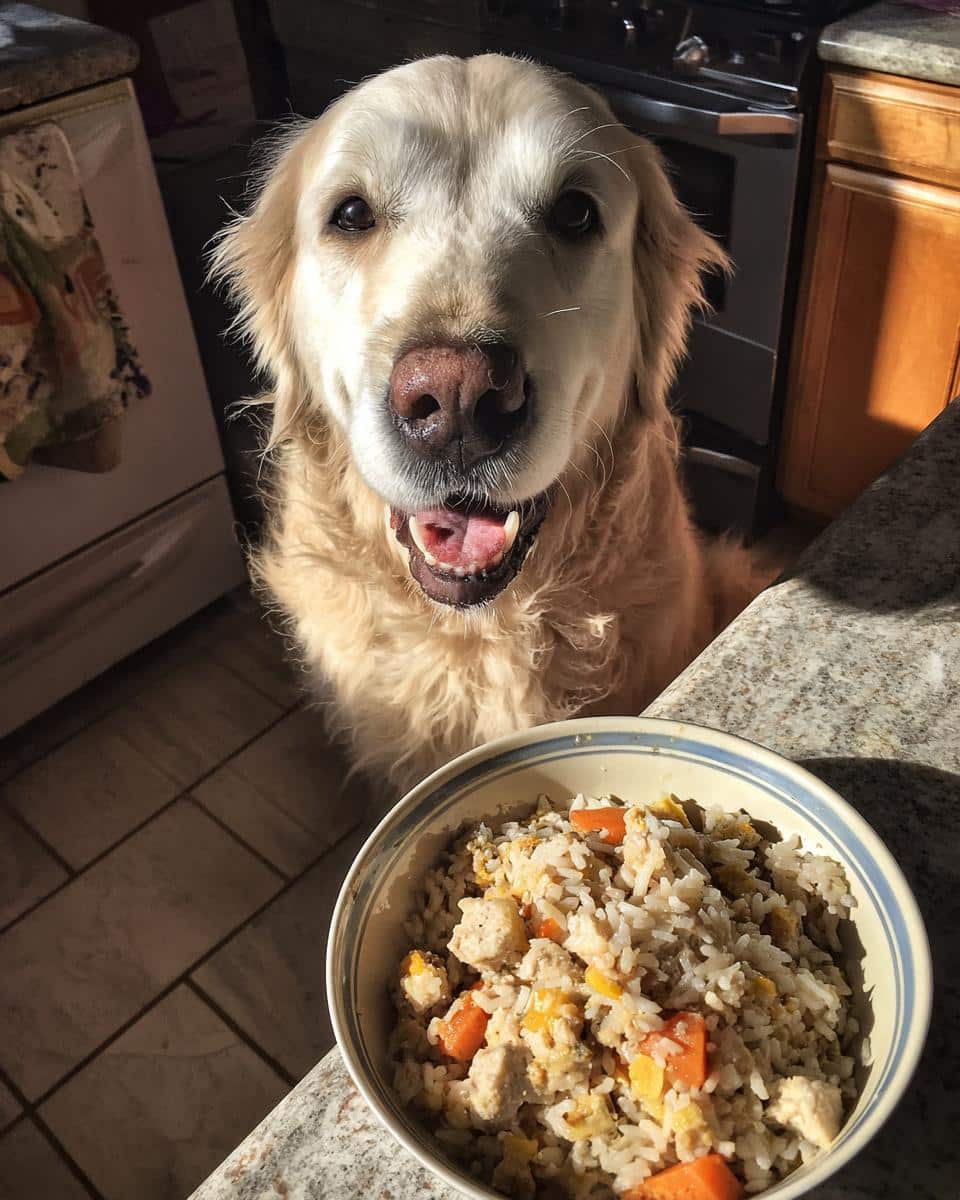 Golden Retriever eagerly awaits a bowl of Vet-Approved Chicken Liver & Rice Dog Food.