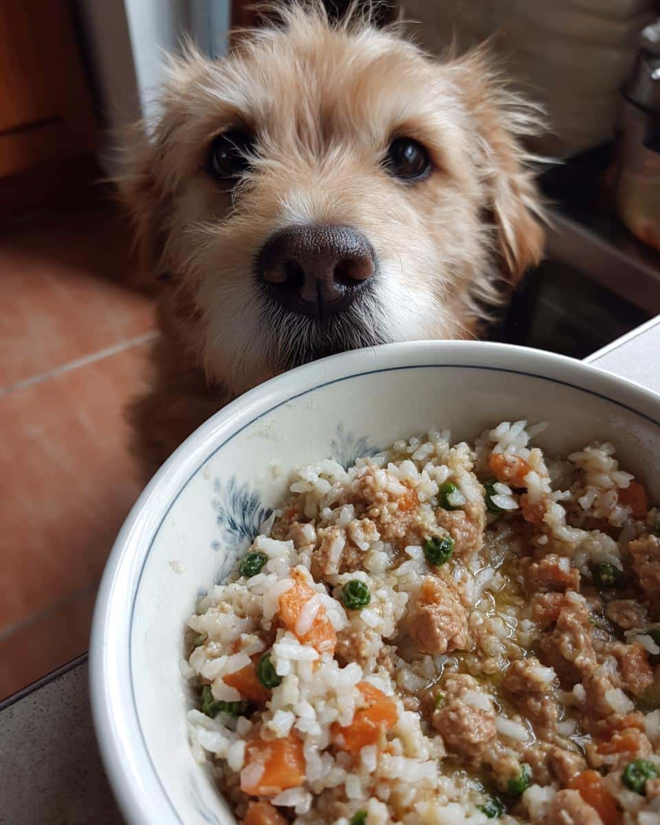 Small dog looking longingly at a bowl of Chicken Liver & Rice Small Dog Recipe.