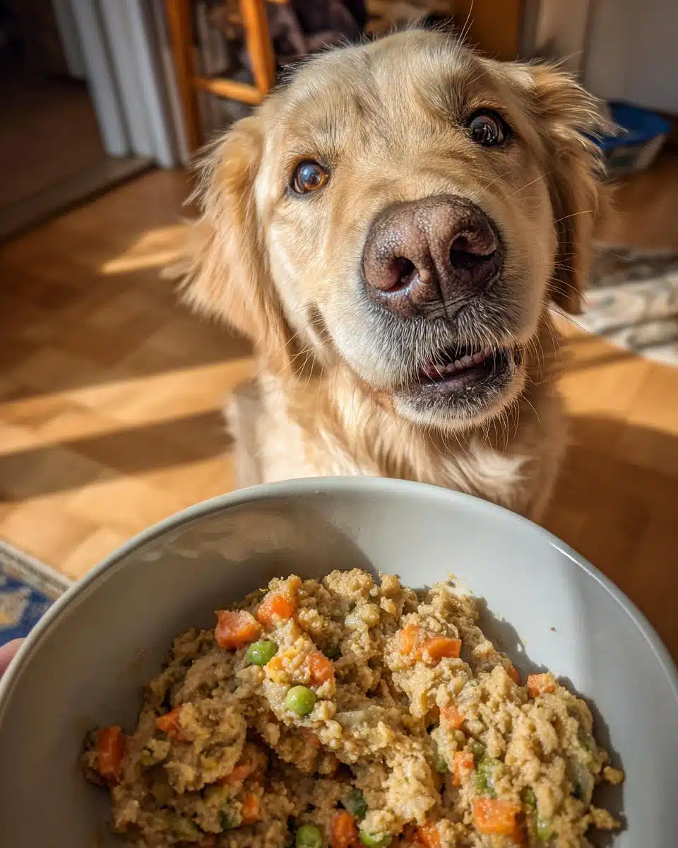 Golden Retriever dog eagerly looking at a bowl of Chicken Liver & Veggies Dog Food.