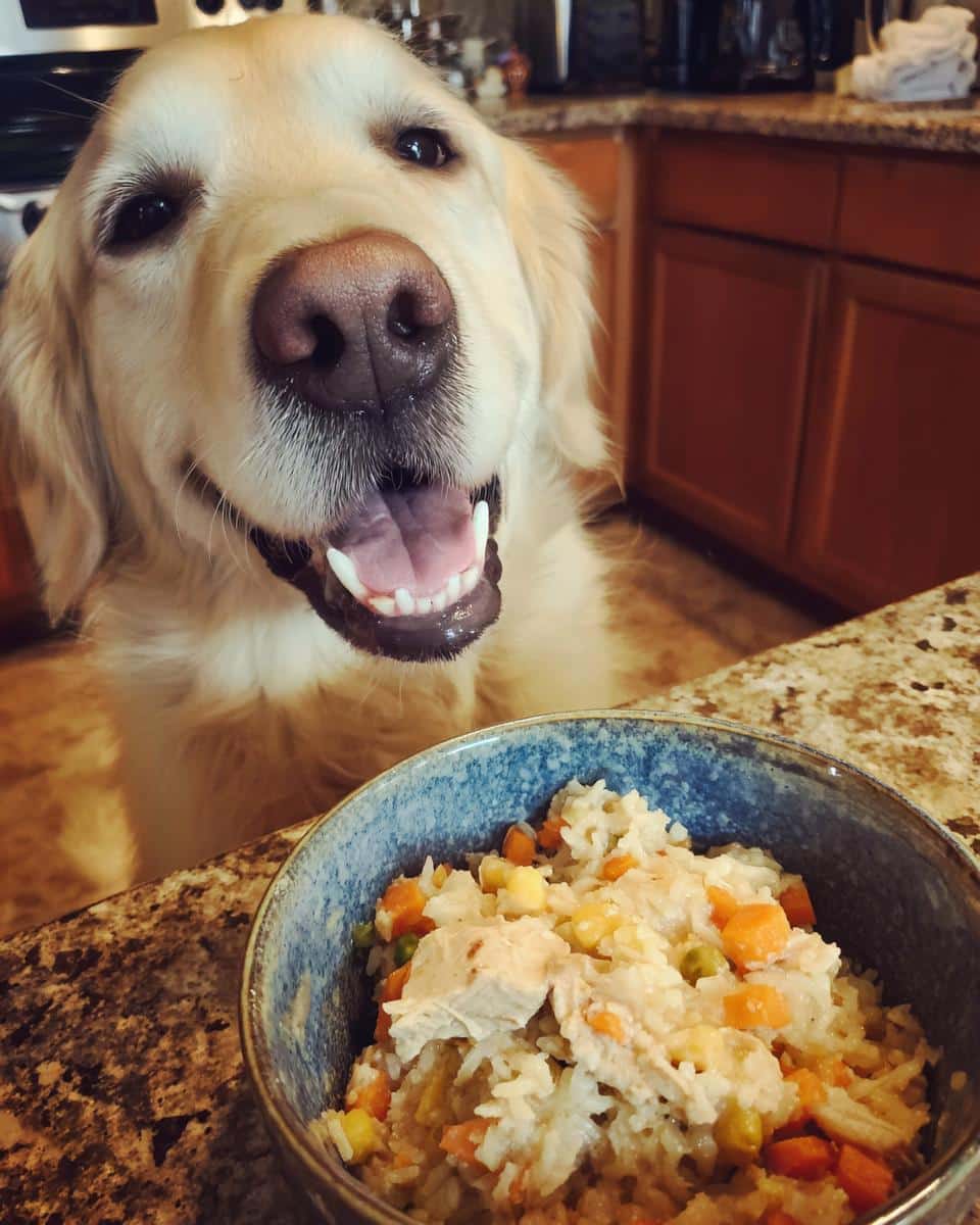 Golden retriever eagerly awaits a bowl of Crockpot Chicken & Pumpkin Dog Food.