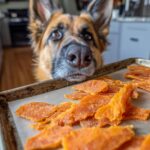 A German Shepherd dog longingly looks at a tray of Chicken Pumpkin Jerky.