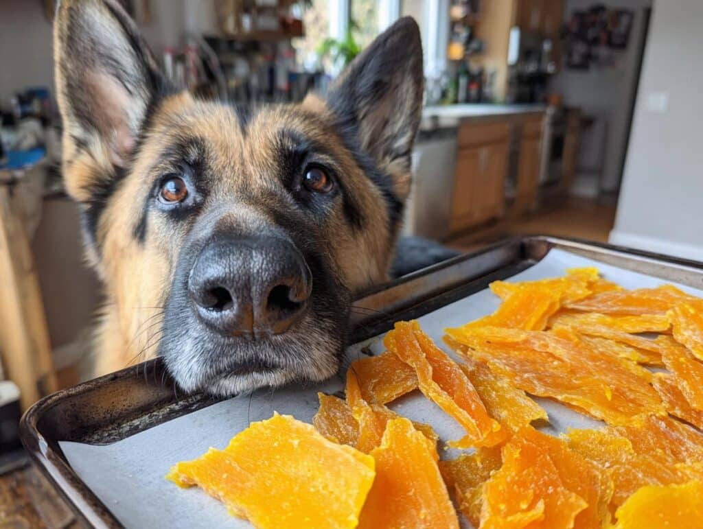 German Shepherd dog eagerly eyeing a tray of homemade Chicken Pumpkin Jerky.