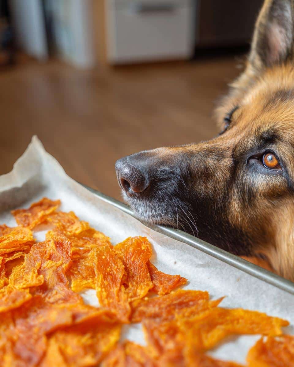 German Shepherd dog intensely sniffing a tray of homemade Chicken Pumpkin Jerky.