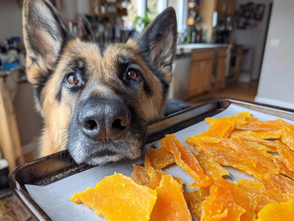 German Shepherd dog eagerly eyeing a tray of homemade Chicken Pumpkin Jerky.
