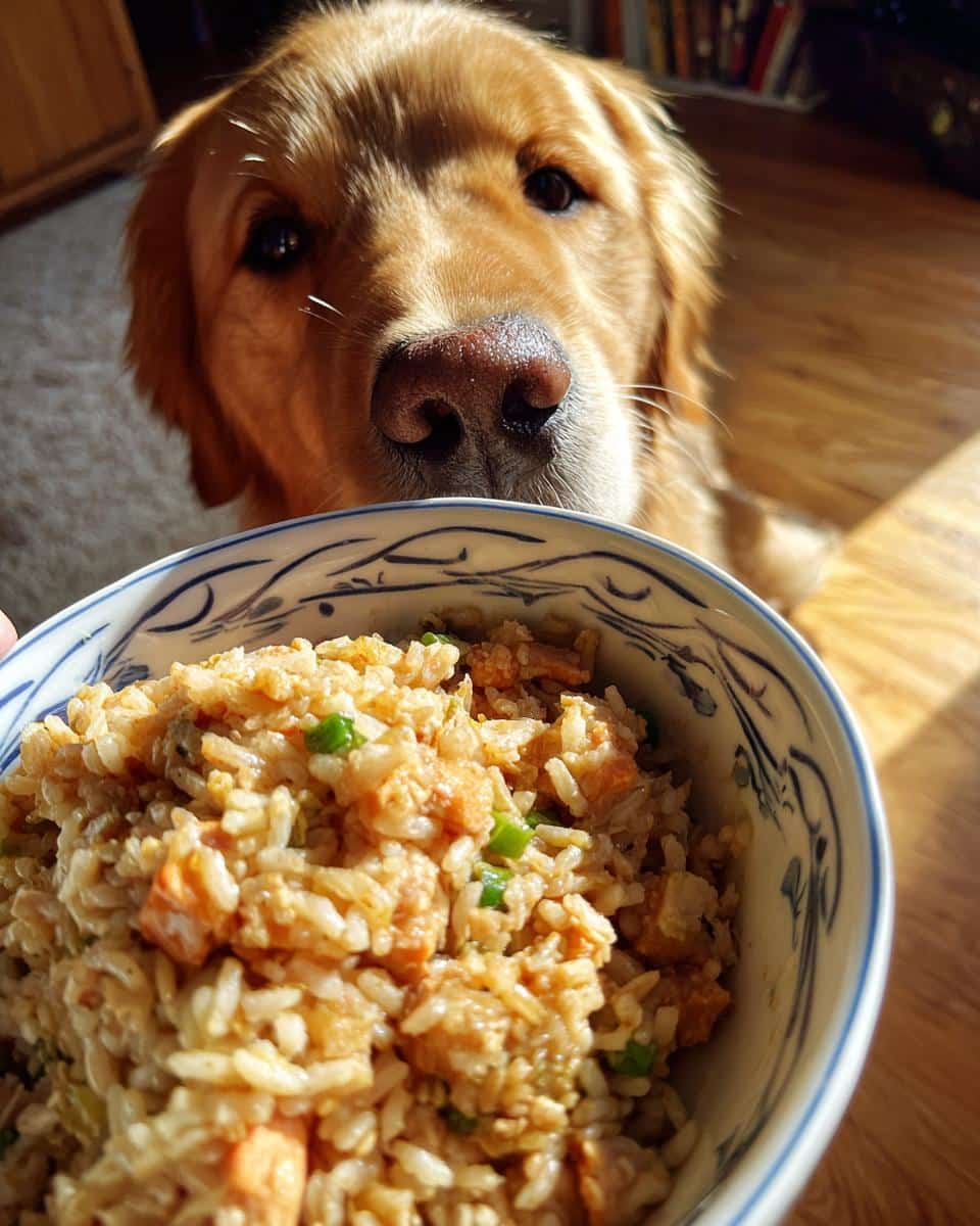 Golden retriever looking longingly at a bowl of Best Chicken & Rice Dog Food.