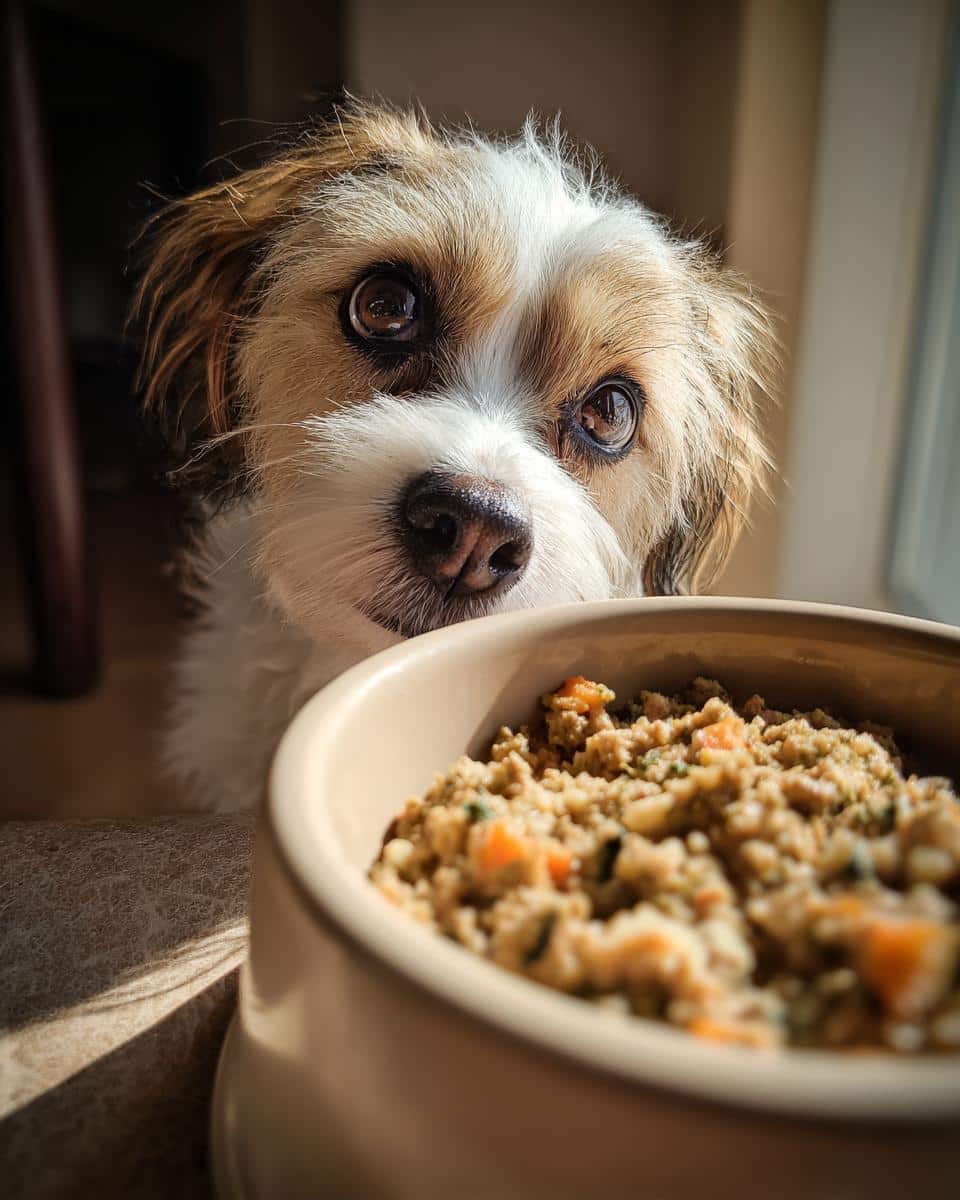 A cute dog eagerly awaits a bowl of the Best Chicken & Rice Dog Food recipe.