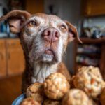 Dog looking longingly at a bowl of Chicken & Rice Energy Bites – Recipe for Dogs.