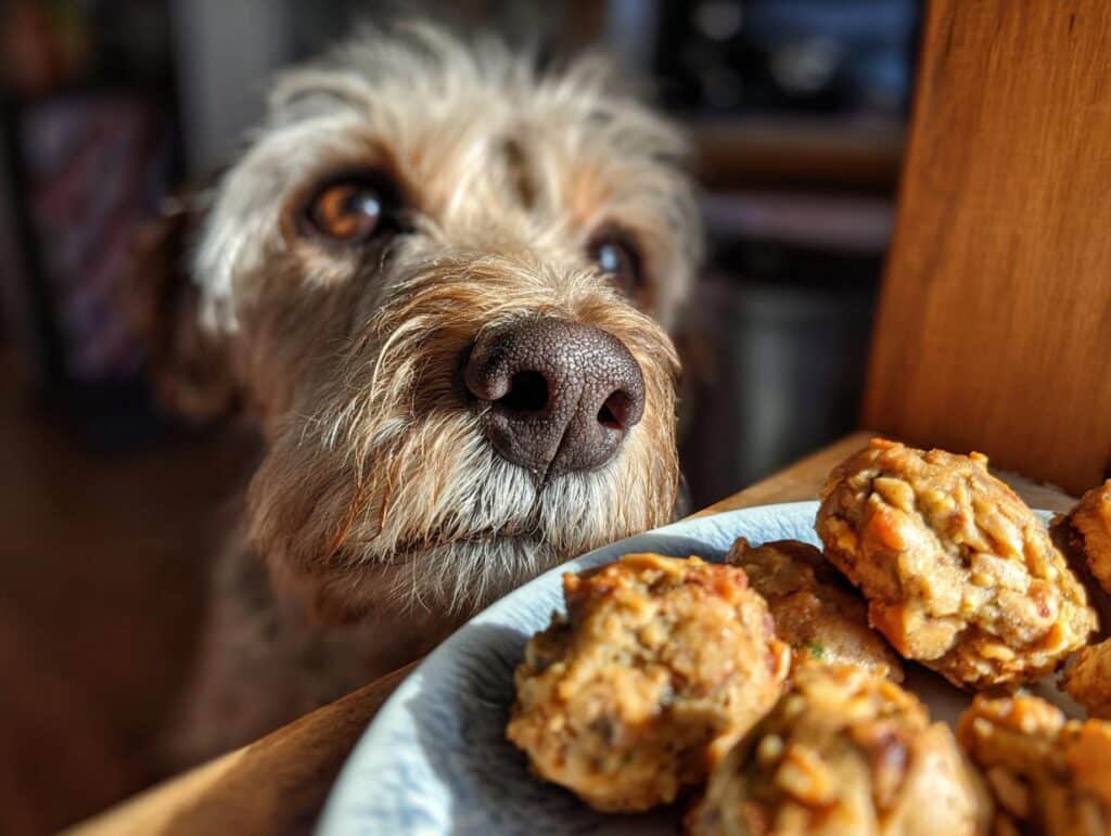 A cute dog longingly looks at a plate of Chicken & Rice Energy Bites, a delicious and healthy treat.