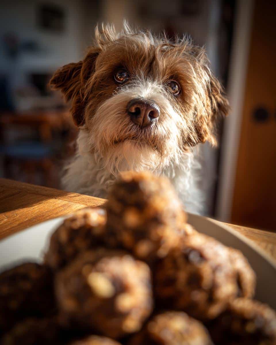 A cute dog gazes longingly at a plate of Chicken & Rice Energy Bites – Recipe for Dogs.