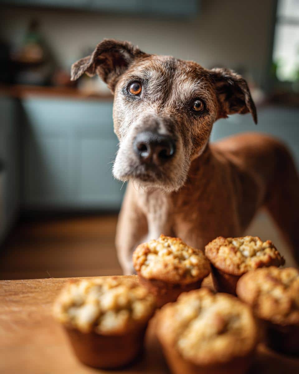 A cute dog gazes at a batch of Chicken & Rice Energy Bites, homemade treats for dogs.