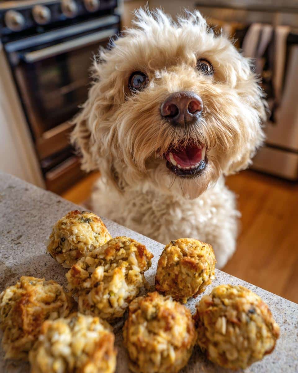 A cute dog looking longingly at Chicken & Rice Energy Bites – Recipe for Dogs on a counter.