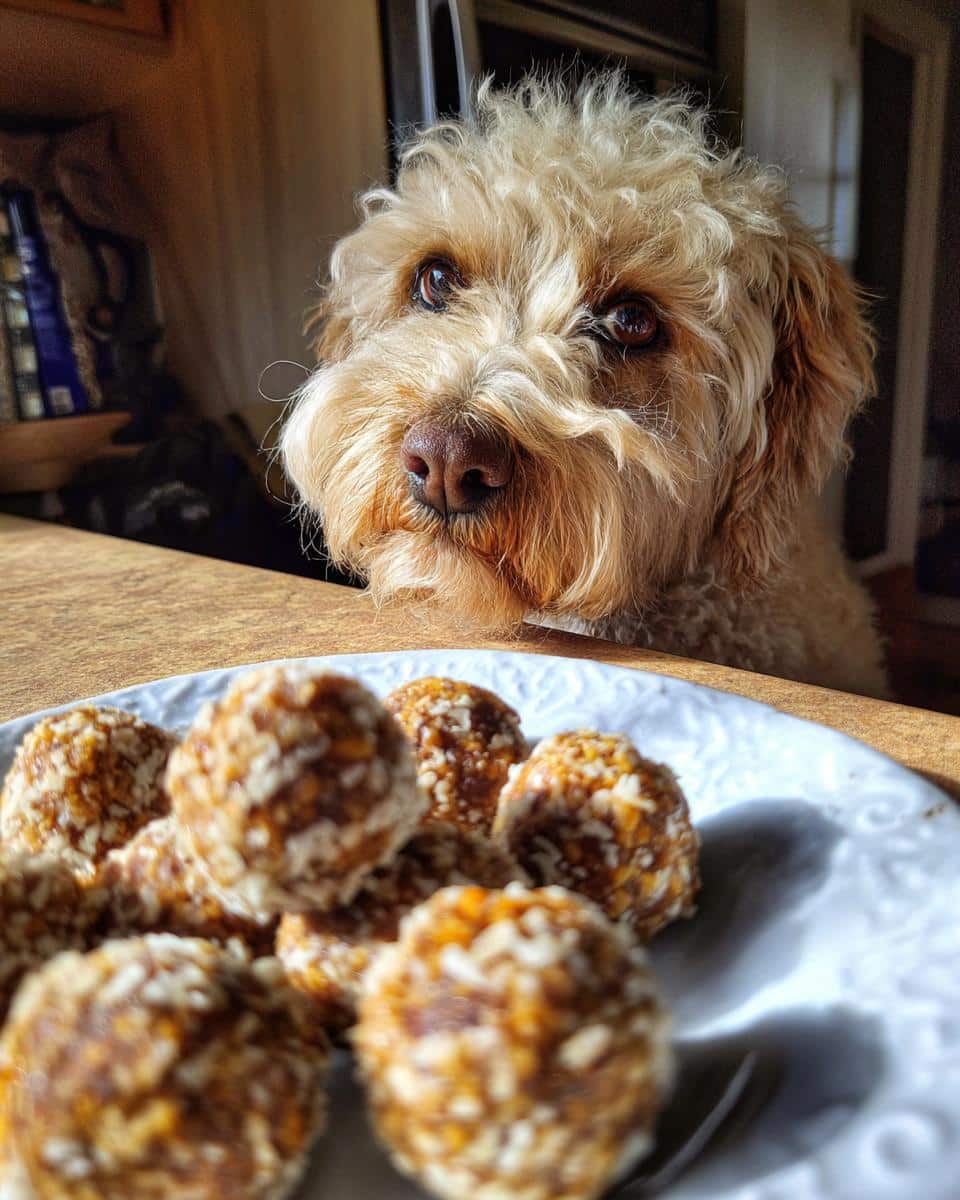 A cute dog gazes longingly at a plate of Chicken & Rice Energy Bites, a tempting treat for dogs.