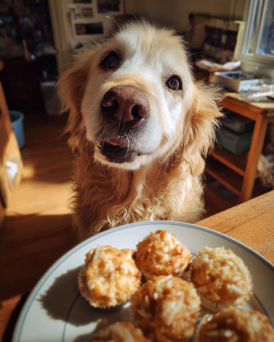 Golden retriever looking longingly at a plate of Chicken & Rice Mini Muffins – Recipe for Dogs.